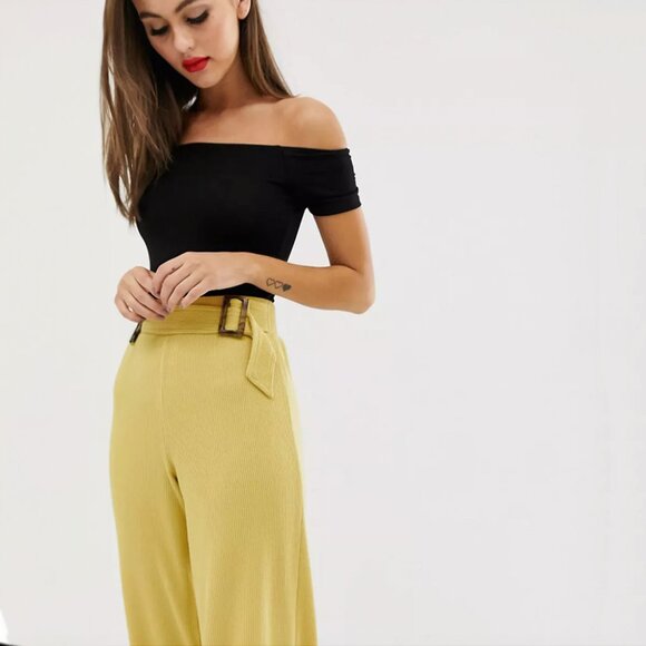 NWT ASOS Wide Leg Ribbed Yellow Pants with Buckled Belt - Size 8 - Picture 4 of 8